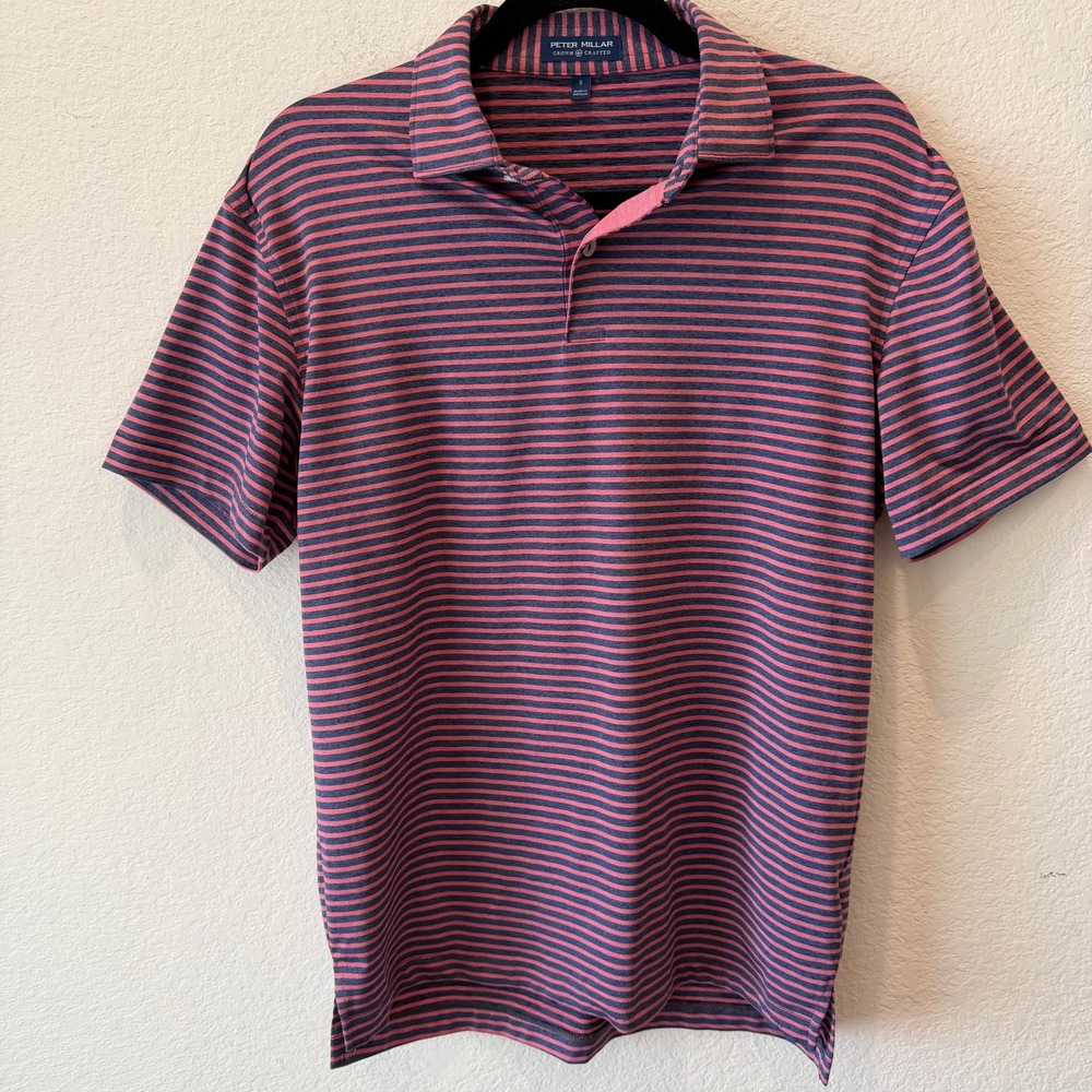 Peter Millar Crown Crafted Mens Small Polo Shirt Pink Navy Blue Striped Golf S